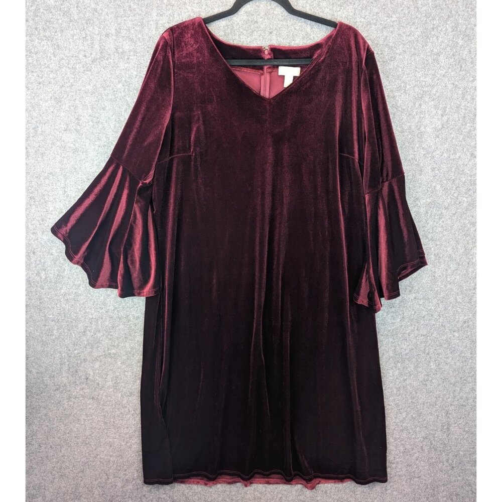Appleseed's Womens XL Burgundy Stretch Velvet Dress V-Neck 3/4 Bell Sleeve USA - Picture 2 of 12